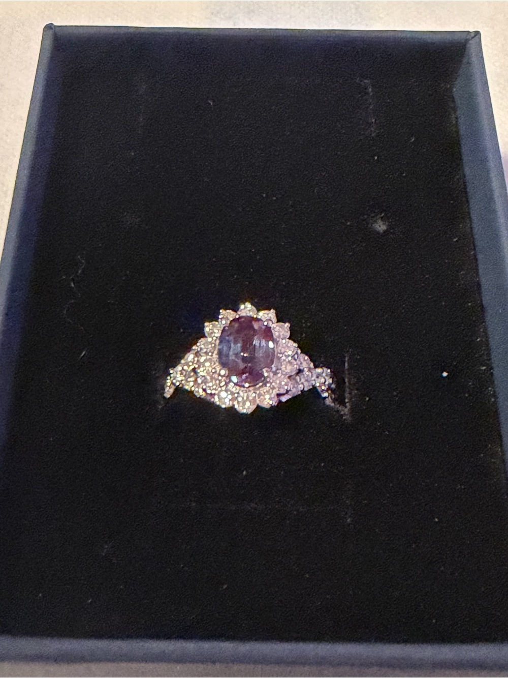 10k White Gold Lab alexandrite and diamond Halo Ring - Women Jewelry